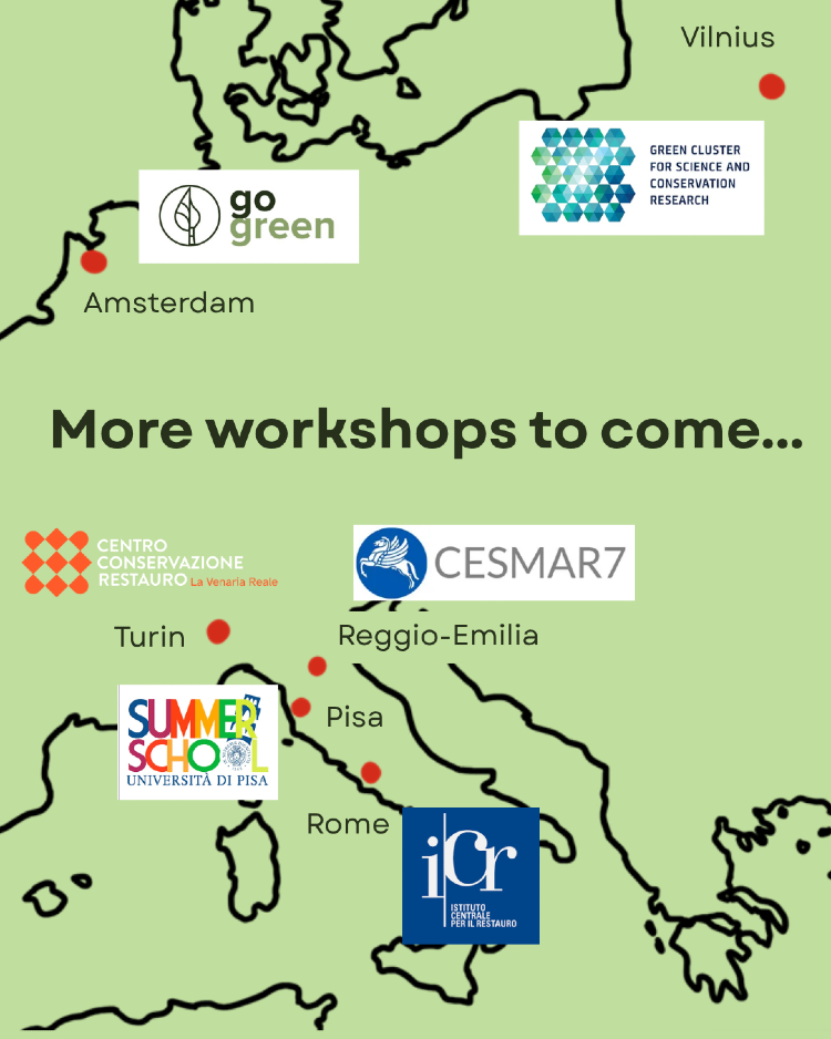 Zoom on a map of Europe where red points indicate the cities of: Rome, Pisa, Reggio-Emilia, Torino, Amsterdam, Vilnius). Logos of the projects and institutions involved are included near the cities.  At the center of the map it reads: "More workshops to come..."